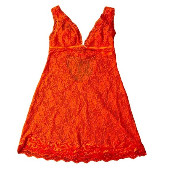 VICTORIA’S SECRET S Very Sexy Orange Sheer Lace Chemise Negligee Back Cutout Y2K - Picture 1 of 16